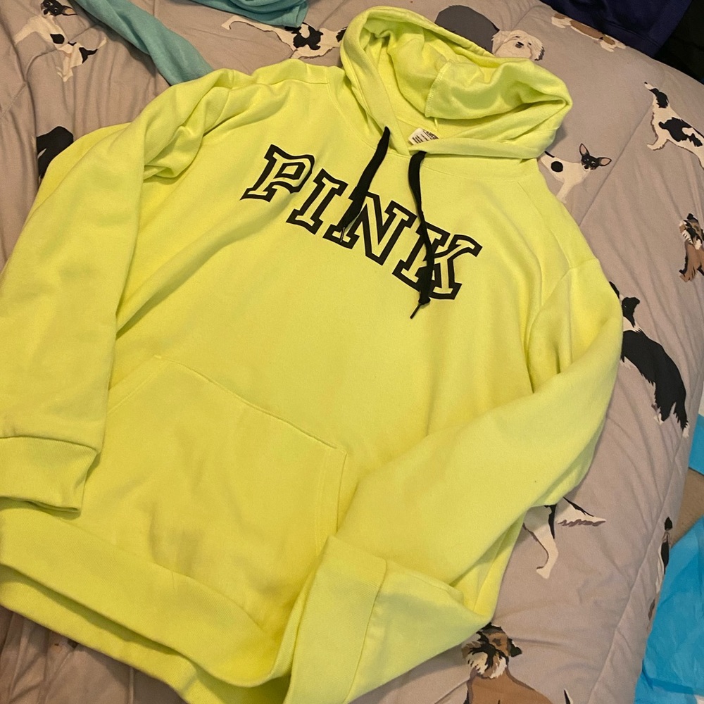 Vs pink neon yellow logo hoodie large